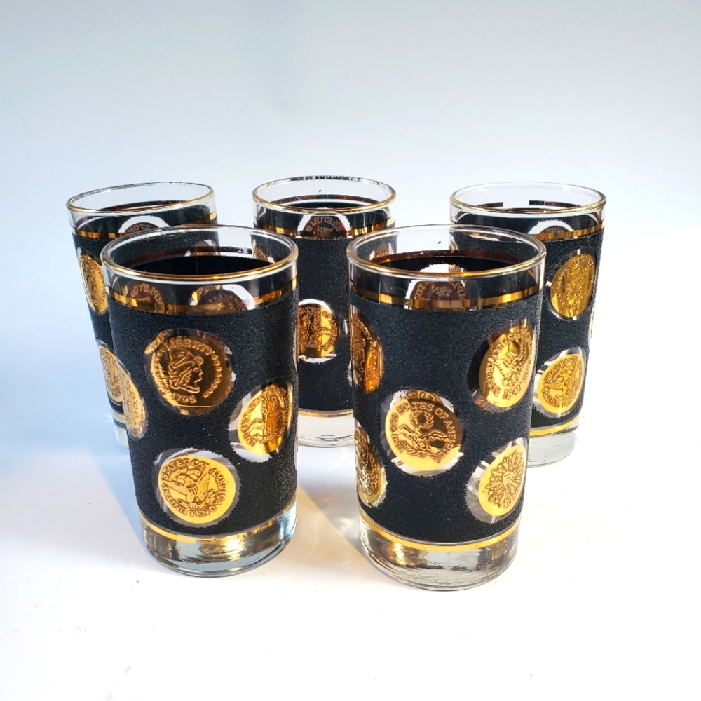 Set of 5 Vintage Libbey Textured Black and Gold Coin Highball Tumblers MCM 22kt